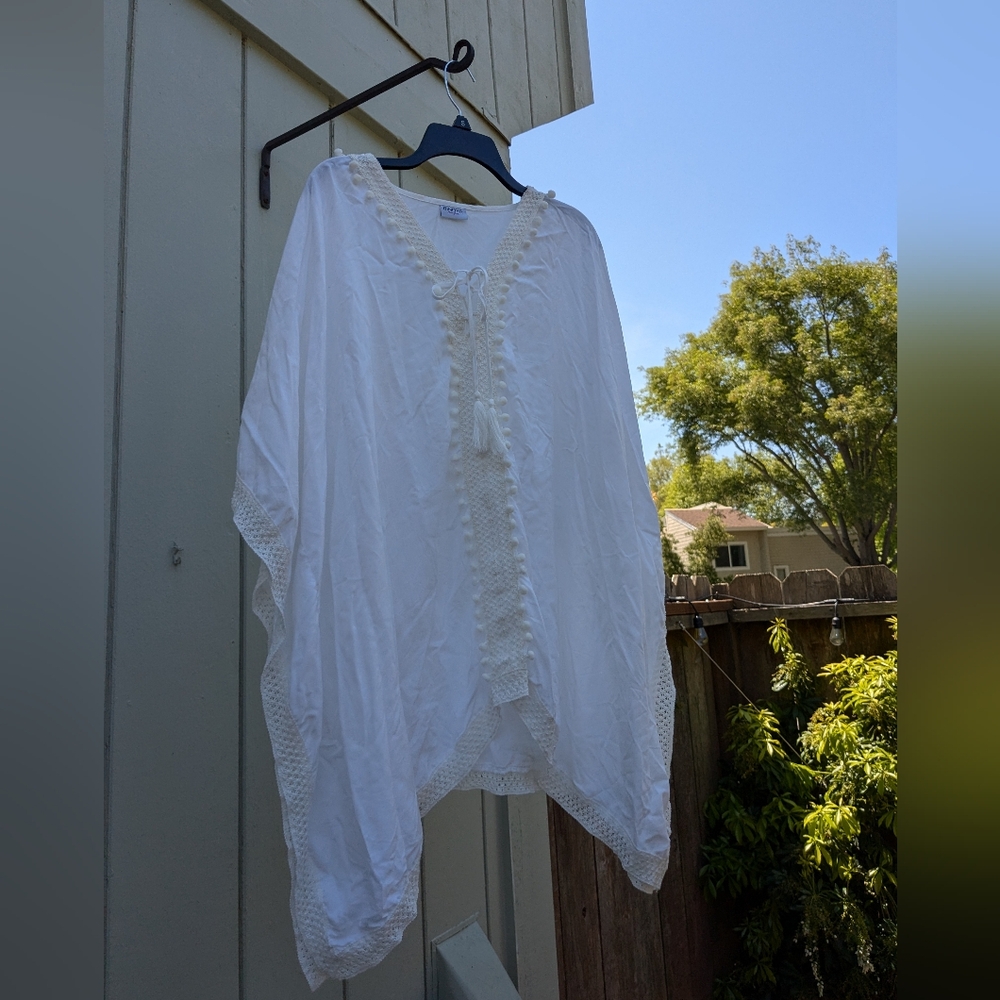 Flowing White Blouse or Swim Cover-Up w/ Crochet Details